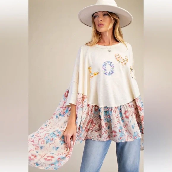 332 1 left 🎉EASEL MIXED PRINT LOVE PATCH WASHED TOP - Picture 5 of 5